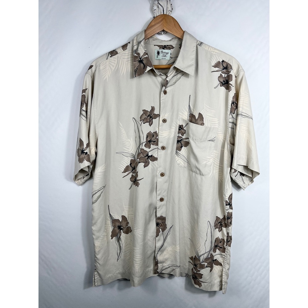 Vintage Silk Circa 1969 Mens Large 100% Silk Floral Hawaiian Shirt Beige Brown